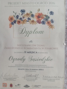 4. Dyplom za II miejsce w konkursie Ogrody Sąsiedzkie 2016